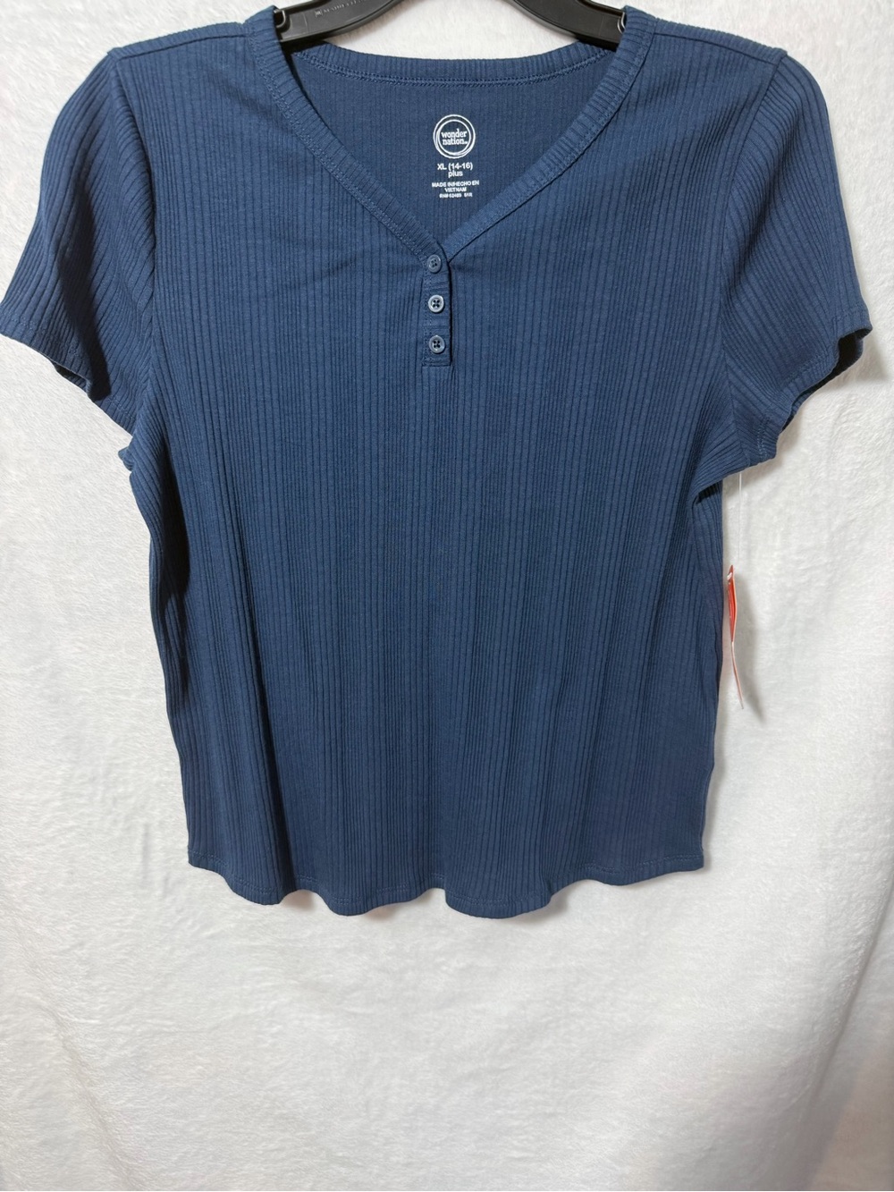 wonder nation Navy Ribbed V-Neck Short Sleeve Henley Tee
